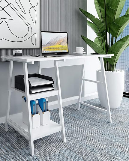 Natwind 43" White Desk Home Office Computer Working Kid Student Study Table with 2-Tier Storage Bookshelves Modern Simple Study Laptop Writing Elegant Style Desk Workstation - LeafyLoom