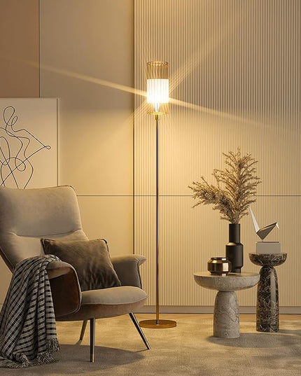 Floor Lamp with Metal Cage Shade & 6W LED Bulb - Indoor Brass Pole Light to Match Living Room or Bedroom in Farmhouse, Vintage, or Rustic Style - Standing, Tall Lighting - Gold - LeafyLoom