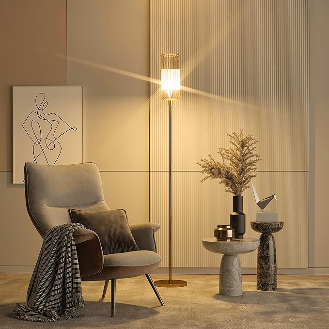 Floor Lamp with Metal Cage Shade & 6W LED Bulb - Indoor Brass Pole Light to Match Living Room or Bedroom in Farmhouse, Vintage, or Rustic Style - Standing, Tall Lighting - Gold - LeafyLoom