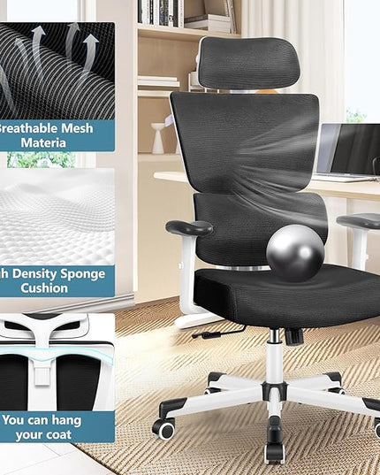 Primy Office Chair Ergonomic Desk Chair, High Back Computer Gaming Chair, Comfy Big and Tall Home Office Chair with Lumbar Support, Breathable Mesh Reclining Chair Adjustable Armrests Headrest(White) - LeafyLoom