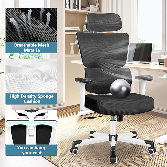 Primy Office Chair Ergonomic Desk Chair, High Back Computer Gaming Chair, Comfy Big and Tall Home Office Chair with Lumbar Support, Breathable Mesh Reclining Chair Adjustable Armrests Headrest(White) - LeafyLoom