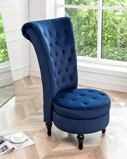 Royal High-Back Velvet Accent Chair for Vanity with Storage and Luxurious Upholstery, Retro Design and Versatile Usage for Living Room, Bedroom, Lounge and Office, Dark Blue - LeafyLoom