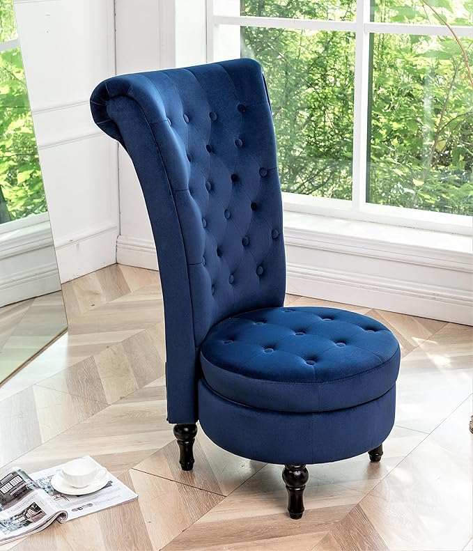 Royal High-Back Velvet Accent Chair for Vanity with Storage and Luxurious Upholstery, Retro Design and Versatile Usage for Living Room, Bedroom, Lounge and Office, Dark Blue - LeafyLoom