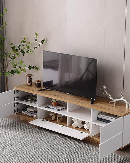 71 Inch TV Stand for TVs up to 80'', Television Stand with Ample Storage Space and Door Rebound Device, Entertainment Center for Living Room, Bedroom, White+Natural - LeafyLoom