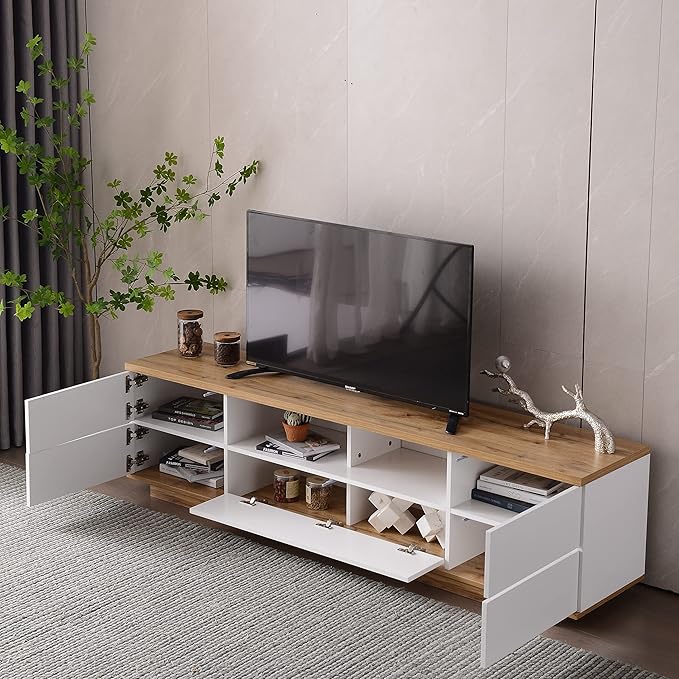 71 Inch TV Stand for TVs up to 80'', Television Stand with Ample Storage Space and Door Rebound Device, Entertainment Center for Living Room, Bedroom, White+Natural - LeafyLoom