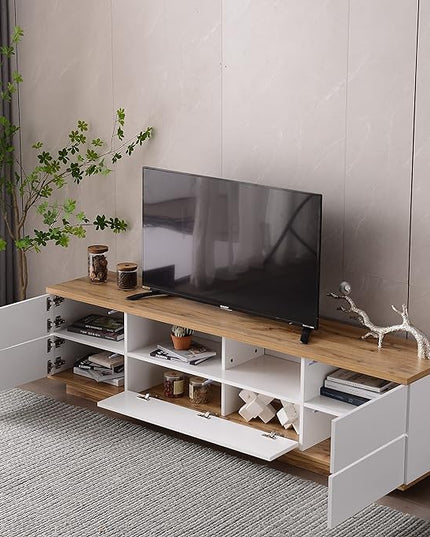 Modern Stand 80'', Media Console with Multi-Functional Storage, Entertainment Center with Door Rebound Device, TV Cabinet Table for Living Room, Bedroom, White+Natural - LeafyLoom