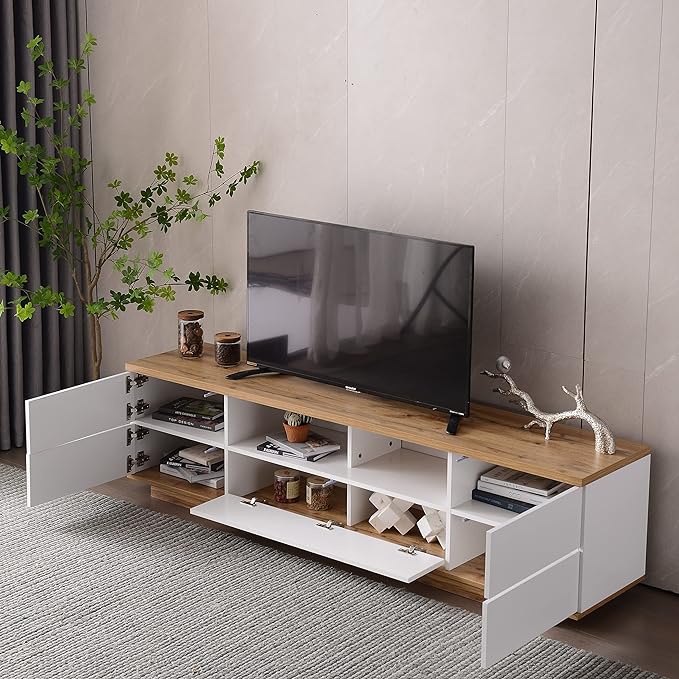 Modern Stand 80'', Media Console with Multi-Functional Storage, Entertainment Center with Door Rebound Device, TV Cabinet Table for Living Room, Bedroom, White+Natural - LeafyLoom