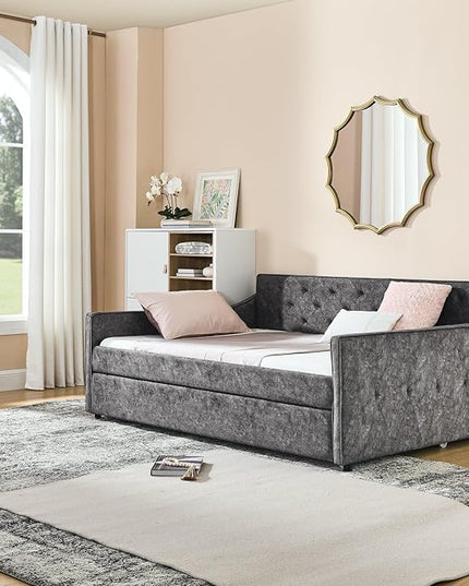 Full Upholstered Tufted Daybed with Twin Size Trundle, Pull Out Button on Back Bed, Waved Shape Arms, No Need Boxing Spring,for Bedroom, Living Room, Grey-3 - LeafyLoom