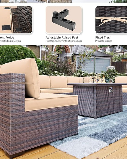 Kullavik 15PCS Outdoor Patio Furniture Set with 43" 55000BTU Gas Propane Fire Pit Table PE Wicker Rattan Sectional Sofa Patio Conversation Sets w/8 Coner Sofas,Sand - LeafyLoom