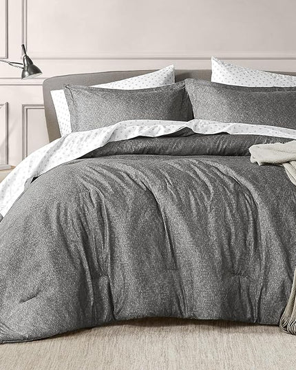 7-Piece King Size Comforter Set with Sheets, Modern Chambray Printed Bed in a Bag Bedding Sets, Grey, includes Fitted Sheet, Flat Sheet, Comforter, 2 Pillowcases & 2 Shams - LeafyLoom