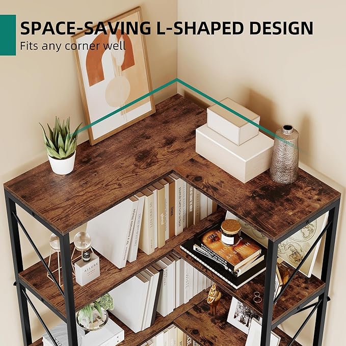 YITAHOME Corner Bookshelf, Industrial Corner Shelf 5 Tier Bookcase, Large Display Rack Storage for Bedroom, Living Room, Home Office,Rustic Brown - LeafyLoom