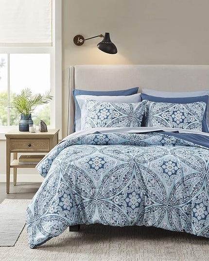 Comfort Spaces Bed in A Bag - Trendy Casual Design Cozy Comforter with Complete Sheet Set with Side Pocket, All Season Cover, Matching Shams, Full(80"x90"), Gloria, Damask Blue 9 Piece - LeafyLoom