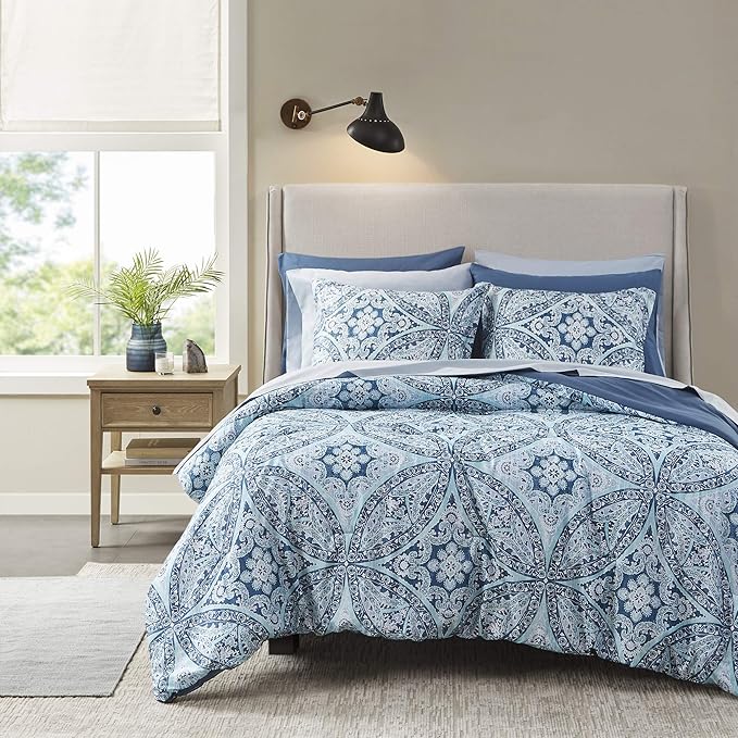 Comfort Spaces Bed in A Bag - Trendy Casual Design Cozy Comforter with Complete Sheet Set with Side Pocket, All Season Cover, Matching Shams, Full(80"x90"), Gloria, Damask Blue 9 Piece - LeafyLoom