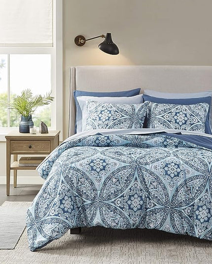 Comfort Spaces Bed in A Bag - Trendy Casual Design Cozy Comforter with Complete Sheet Set with Side Pocket, All Season Cover, Matching Shams, King(104"x90"), Gloria, Damask Blue 9 Piece - LeafyLoom