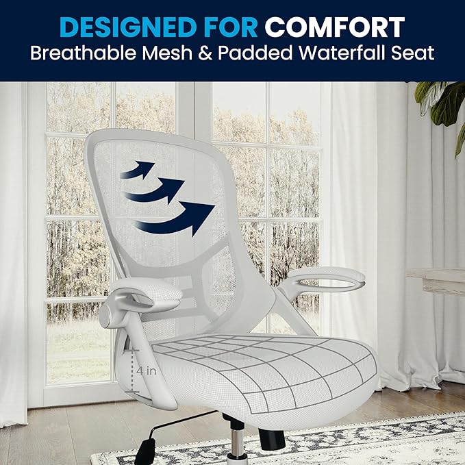 Flash Furniture Porter High-Back Swivel Office Chair with Adjustable Lumbar Support and Seat Height, Ergonomic Mesh Desk Chair with Flip-Up Armrests, White - LeafyLoom