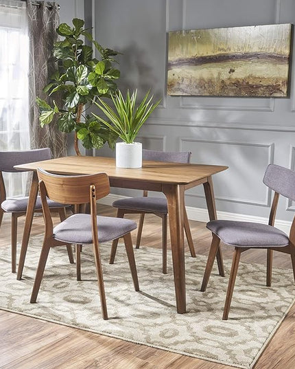 Christopher Knight Home Megann Mid-Century Wood Dining Set with Fabric Chairs, 5-Pcs Set, Natural Walnut / Dark Grey - LeafyLoom
