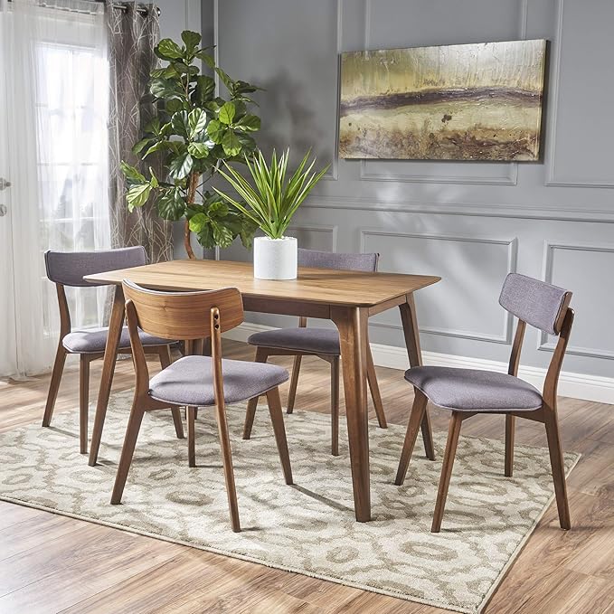 Christopher Knight Home Megann Mid-Century Wood Dining Set with Fabric Chairs, 5-Pcs Set, Natural Walnut / Dark Grey - LeafyLoom