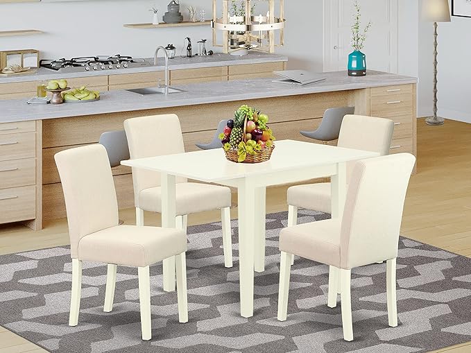 East West Furniture 1NDAB5-LWH-02 5 Piece Modern Dining Set Includes a Rectangle Wooden Table with Dropleaf and 4 Light Beige Linen Fabric Upholstered Chairs, 30x48 Inch - LeafyLoom