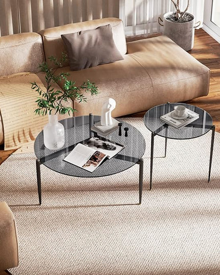 Round Tempered Glass Table: 31.5 inch Large Circle Top Storage Shelf with Metal Frame, Modern Coffee Table Center Desk Luxury Furniture for Living Room, Grey - LeafyLoom