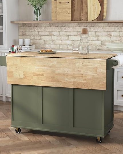 Homestyles Mobile Kitchen Island Cart with Wood Top and Dropleaf Breakfast Bar, 18" D x 53.5" W x 36" H, Green - LeafyLoom
