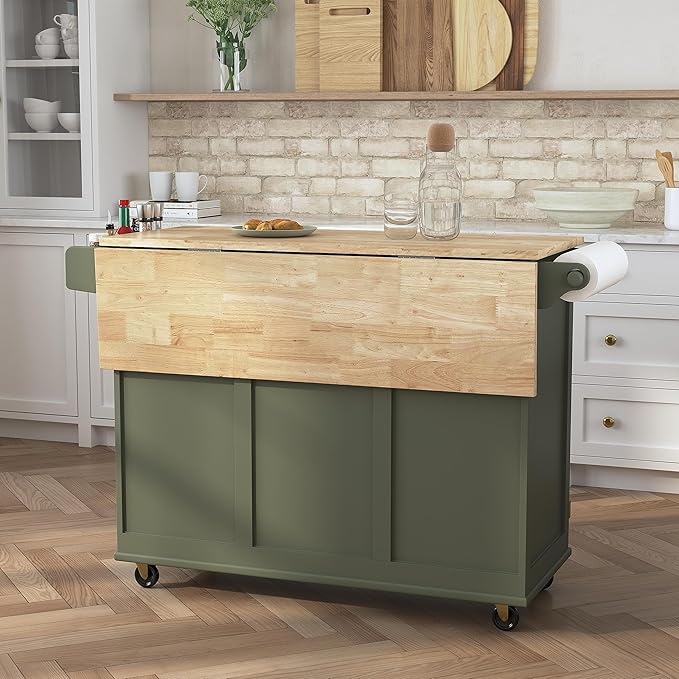 Homestyles Mobile Kitchen Island Cart with Wood Top and Dropleaf Breakfast Bar, 18" D x 53.5" W x 36" H, Green - LeafyLoom