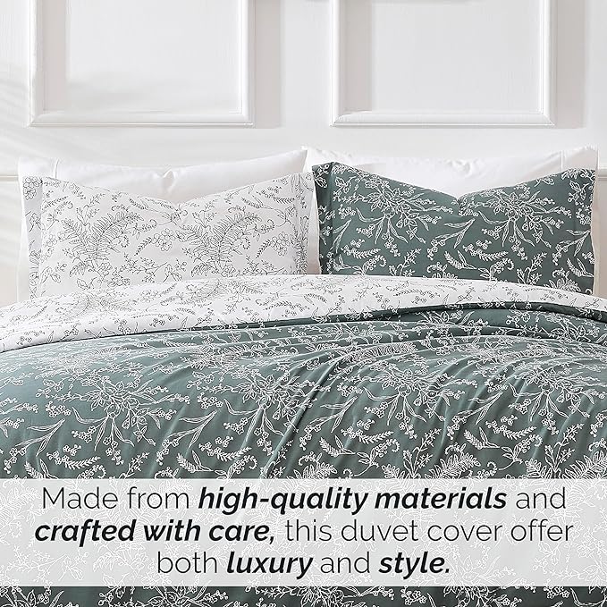Southshore Fine Living, Inc. Full/Queen Comforter Set, Down Alternative Floral Comforter with Matching Shams, Reversible Print is 2 Colors in 1, Fits Queen & Full Beds, Winter Brush Green/White - LeafyLoom