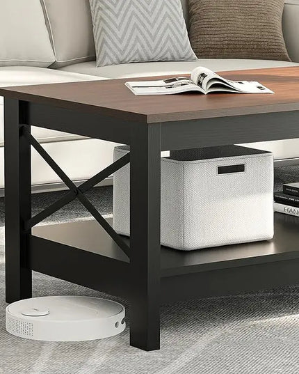 YITAHOME Coffee Table for Living Room,Modern Farmhouse Coffee Table with Storage,2-Tier Center Table for Living Room Wood Living Room Table Accent Cocktail with Sturdy Frame,Brown and Black - LeafyLoom