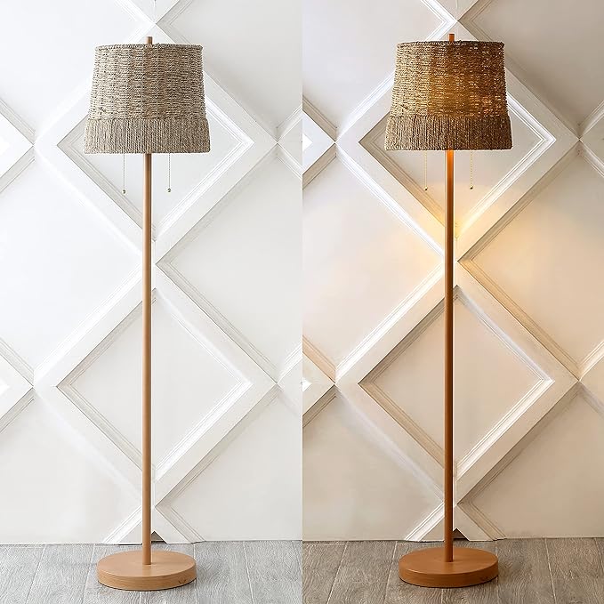 JONATHAN Y JYL3091A Ocata 61" 2-Light Coastal Bohemian Iron/Rattan LED Floor Lamp with Pull-Chain Farmhouse, Rustic Standing Reading Lamp LED Bulb Included, Brown Wood Finish - LeafyLoom