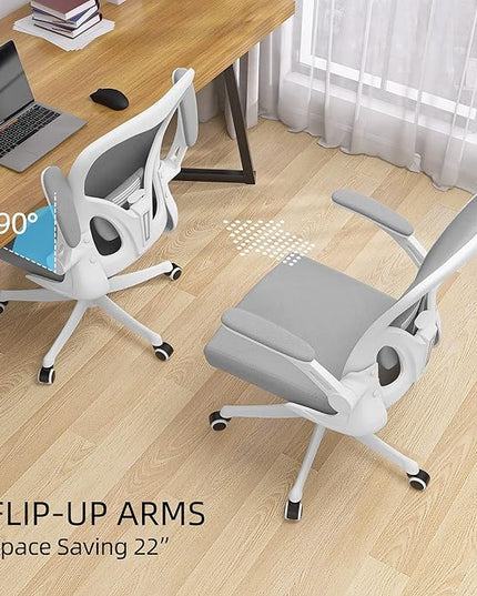 Office Chair - Ergonomic Office Chair with Lumbar Support & Flip Up Arms Home Office Desk Chairs Rockable Swivel High Back Computer Chair White Frame Grey Mesh Study Chair - LeafyLoom