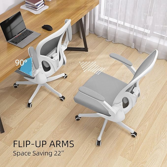Office Chair - Ergonomic Office Chair with Lumbar Support & Flip Up Arms Home Office Desk Chairs Rockable Swivel High Back Computer Chair White Frame Grey Mesh Study Chair - LeafyLoom