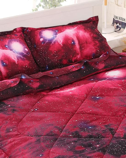 Wowelife Galaxy Bedding Sets for Boys and Girls 5-Piece Full, Premium Galaxy Bed in a Bag Red, 3D Galaxy Comforter Set, Comfortable and Soft Kids Bedding Set - LeafyLoom
