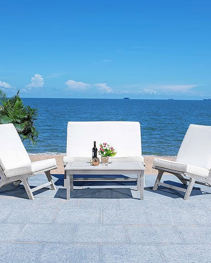 SAFAVIEH Outdoor Collection Chaston Wood Cushion 4-Piece Conversation Patio Set PAT7044H, Grey/Beige - LeafyLoom