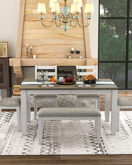 Rustic 6-Piece Dining Table Set with 4 Ergonomic Designed Upholstered Chairs and Bench for Home, Apartment, DiningRoom, Dinette, Solid Wood Kitchen Furniture, 60 inch, Brown + Whitewash - LeafyLoom