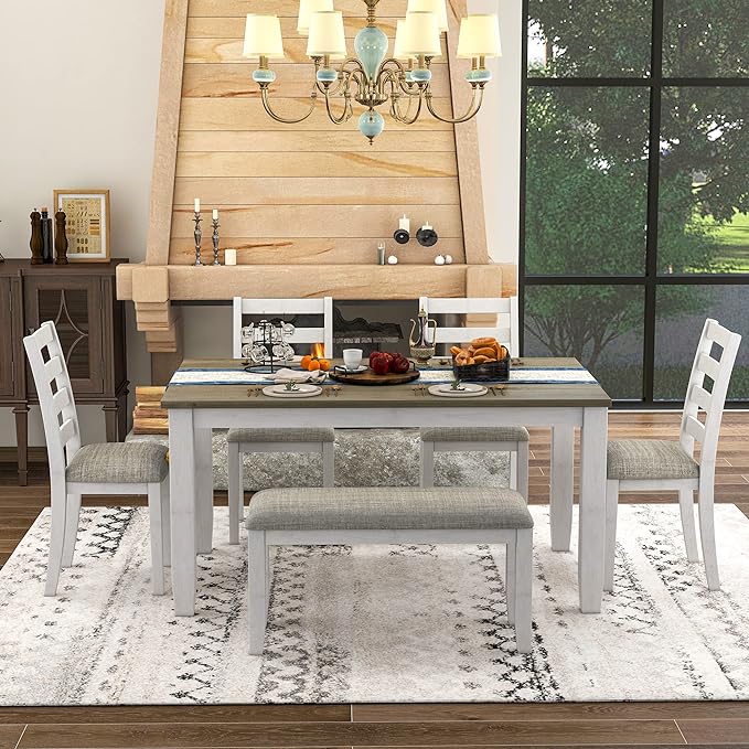Rustic 6-Piece Dining Table Set with 4 Ergonomic Designed Upholstered Chairs and Bench for Home, Apartment, DiningRoom, Dinette, Solid Wood Kitchen Furniture, 60 inch, Brown + Whitewash - LeafyLoom