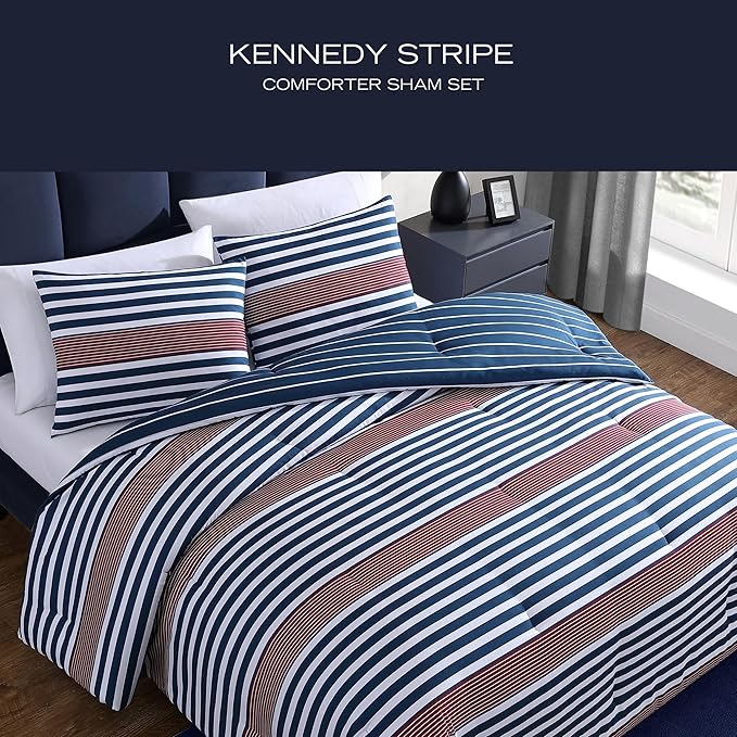 Nautica - Comforter Set, Soft Reversible Bedding with Matching Shams, Striped Home Decor (Kennedy Stripe Navy Blue, King) - LeafyLoom