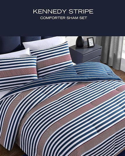 Nautica - Comforter Set, Soft Reversible Bedding with Matching Shams, Striped Home Decor (Kennedy Stripe Navy Blue, Full/Queen) - LeafyLoom