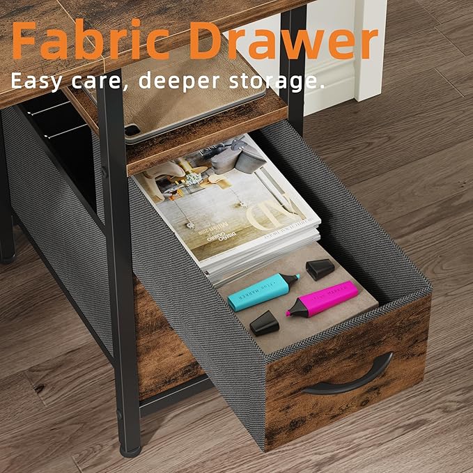 55'' Office Desk with 4 Fabric File Drawers - File Drawer Organization, Computer Work Desk, Study Writing Table, Home Office Workstation, Rustic Brown. - LeafyLoom