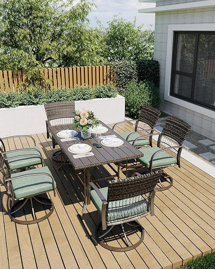 Pamapic 7 Piece Outdoor Dining Set, Rattan Outdoor Patio Furniture Set for Deck Backyard Garden with Iron Outdoor Dining Table, 6 Swivel Outdoor Dining Chairs and Removable Cushions (Green) - LeafyLoom