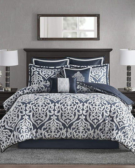 Madison Park Odette Cozy Comforter Set Jacquard Damask Medallion Design - Modern All Season, Down Alternative Bedding, Shams, Decorative Pillows, Cal King(104 in x 92 in), Navy 8 Piece - LeafyLoom