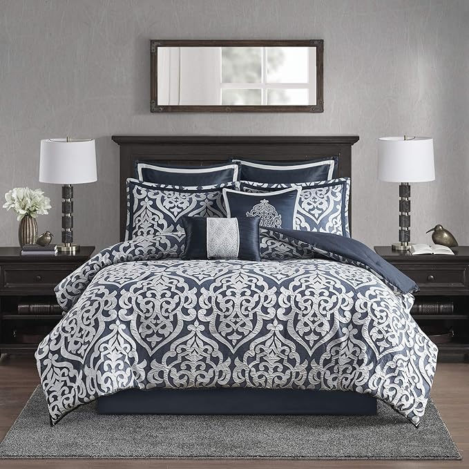 Madison Park Odette Cozy Comforter Set Jacquard Damask Medallion Design - Modern All Season, Down Alternative Bedding, Shams, Decorative Pillows, Cal King(104 in x 92 in), Navy 8 Piece - LeafyLoom