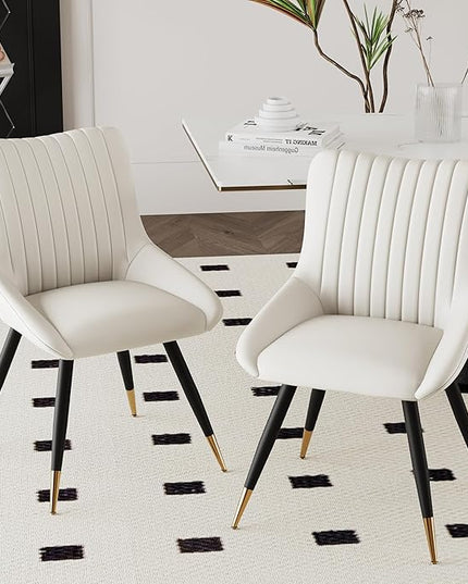 Alunaune Upholstered Dining Chairs Set of 2 Modern Kitchen Chairs, White Faux Leather Mid Century Accent Chair Armless Leisure Chair Living Room Desk Side Chair - LeafyLoom