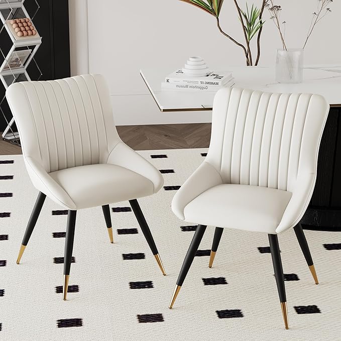 Alunaune Upholstered Dining Chairs Set of 2 Modern Kitchen Chairs, White Faux Leather Mid Century Accent Chair Armless Leisure Chair Living Room Desk Side Chair - LeafyLoom