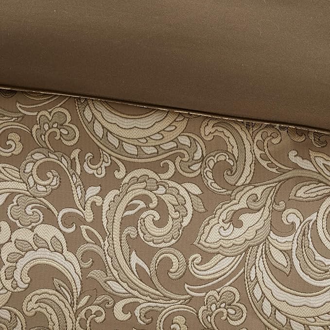 Madison Park Essentials Brystol 24 Piece Room in a Bag Faux Silk Comforter Jacquard Paisley Design Matching Curtains Down Alternative Hypoallergenic All Season Bedding-Set, King(104"x92"), Brown - LeafyLoom