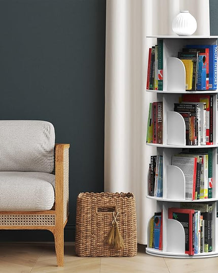Rotating Bookshelf, Revolving Bookcase, Spinning Book Shelf, 4 Tier, 18.2” W x 50.6” H, White, Wood, 360 Degrees Bookshelves, Floor Stand, Rotation Display Tower, Stackable, Round, for Kids, Children - LeafyLoom