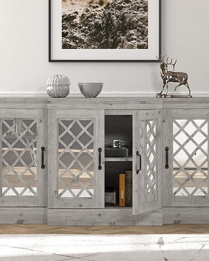 Galano Millicent Wide Sideboard Buffet Cabinet, Kitchen Storage Cabinet with Acrylic Mirror Doors, Cupboard Console Table, Rustic Farmhouse Buffet Display for Coffee Bar, Mexican Grey - LeafyLoom