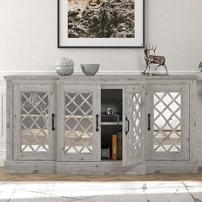 Galano Millicent Wide Sideboard Buffet Cabinet, Kitchen Storage Cabinet with Acrylic Mirror Doors, Cupboard Console Table, Rustic Farmhouse Buffet Display for Coffee Bar, Mexican Grey - LeafyLoom