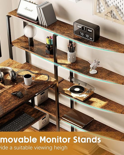 Shintenchi L Shaped Computer Desk, Multifunctional Gaming Desk with 5-Tier Storage Shelves, Monitor Stand, Keyboard Tray & Hook, Modern Style Study Workstation for Home Office, Vintage Brown - LeafyLoom