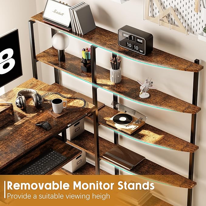 Shintenchi L Shaped Computer Desk, Multifunctional Gaming Desk with 5-Tier Storage Shelves, Monitor Stand, Keyboard Tray & Hook, Modern Style Study Workstation for Home Office, Vintage Brown - LeafyLoom