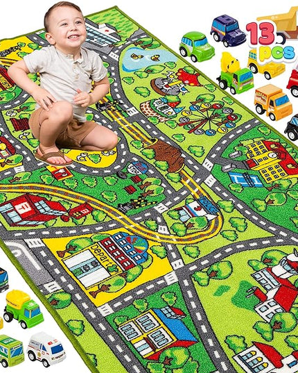JOYIN Carpet Playmat w/ 12 Cars Pull-Back Vehicle Set for Kids Age 3+, Jumbo Play Room Rug, City Pretend Play - LeafyLoom