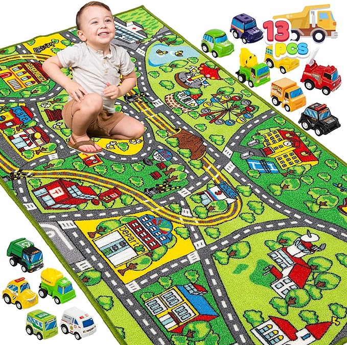 JOYIN Carpet Playmat w/ 12 Cars Pull-Back Vehicle Set for Kids Age 3+, Jumbo Play Room Rug, City Pretend Play - LeafyLoom